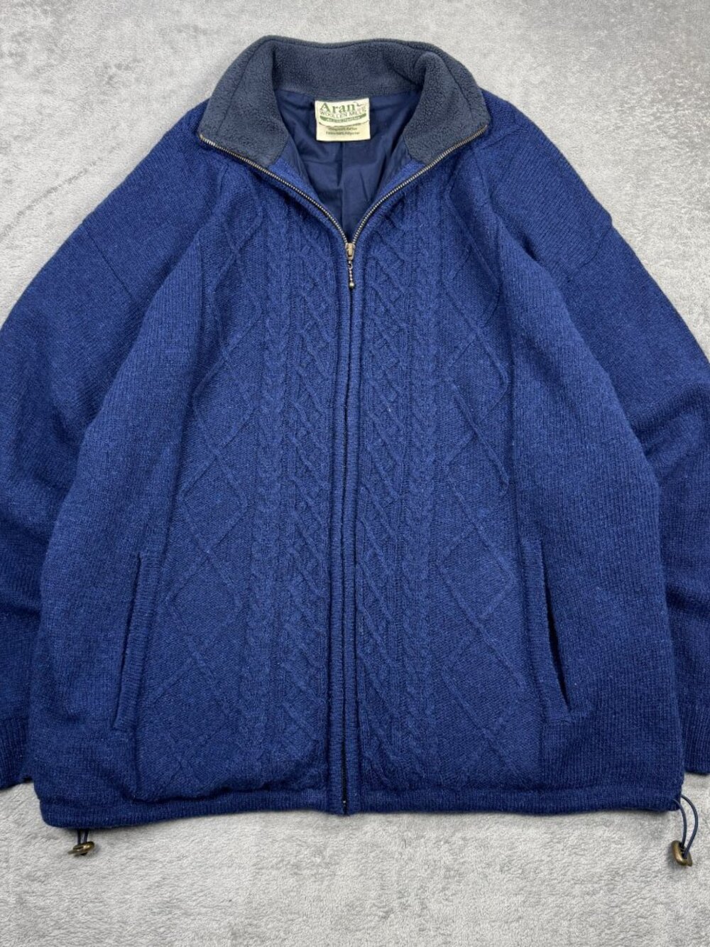 Aran Woollen Mills Blue Wool Cable Knit Full Zip Fisherman Sweater Lined Size L